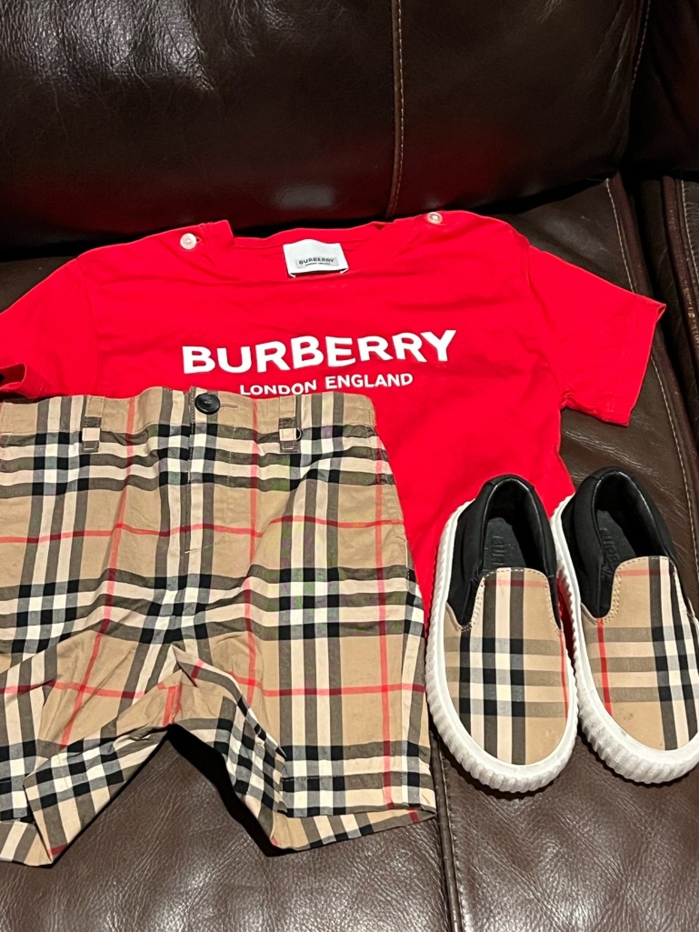 Burberry Red Logo Tee with Classic Check Shorts & Slip-Ons